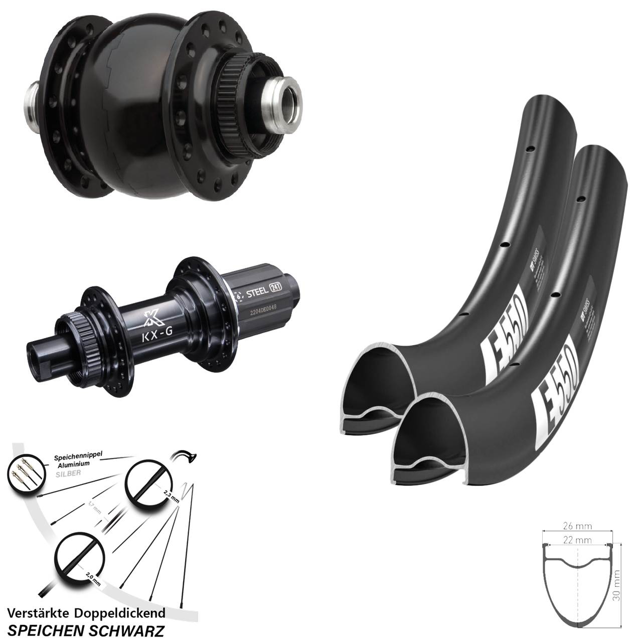 Disc Laufradsatz 12x100/142 DT Swiss E550 KX-GS verstärkt SON 28 Zoll 8-12 fach