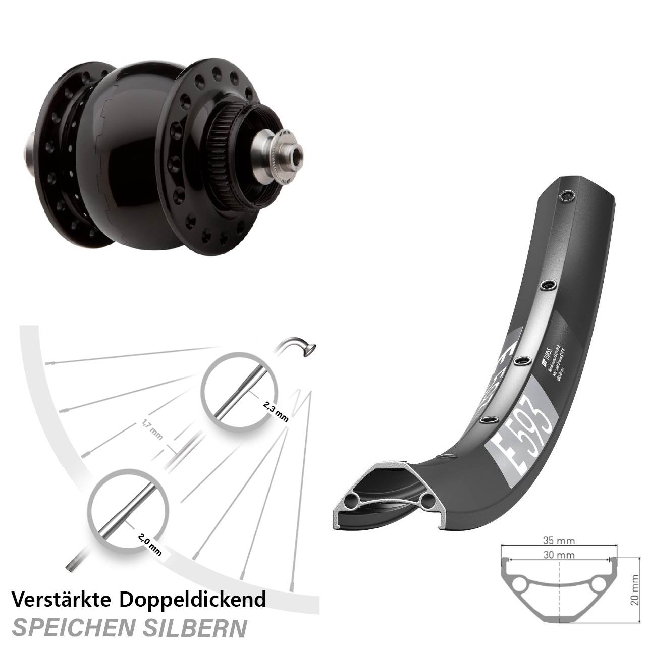 Disc Nabendynamovorderrad 29 Zoll DT Swiss E593 SON delux QR schwarz