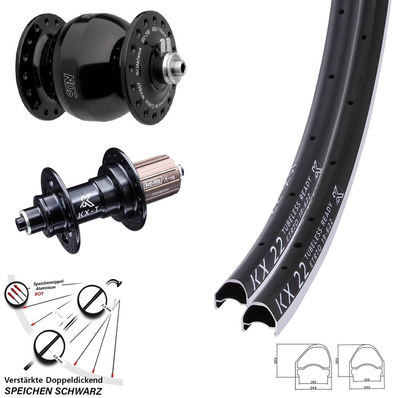 28 Zoll KX-T 22 SON delux wide body Laufradsatz QR 8-12 fach