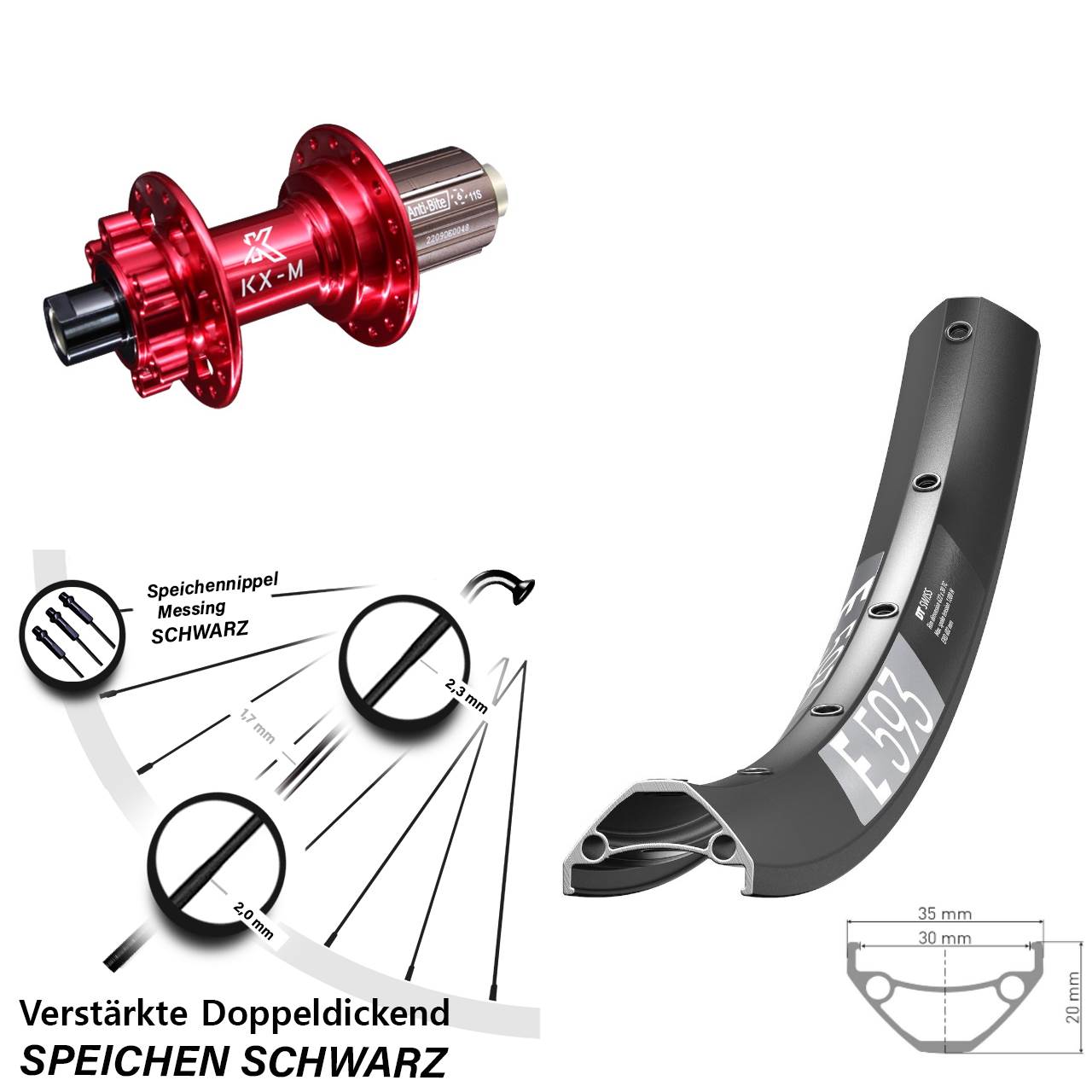 DT Swiss E593 KX-M rot 27,5 Zoll Hinterrad 6-Loch 12x142 8-12 fach HG