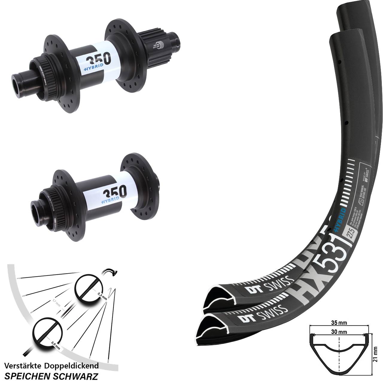 DT Swiss HX 531-Hybrid 350 27,5 Zoll Laufradsatz 15x110 12x148 Shimano Micro Spline