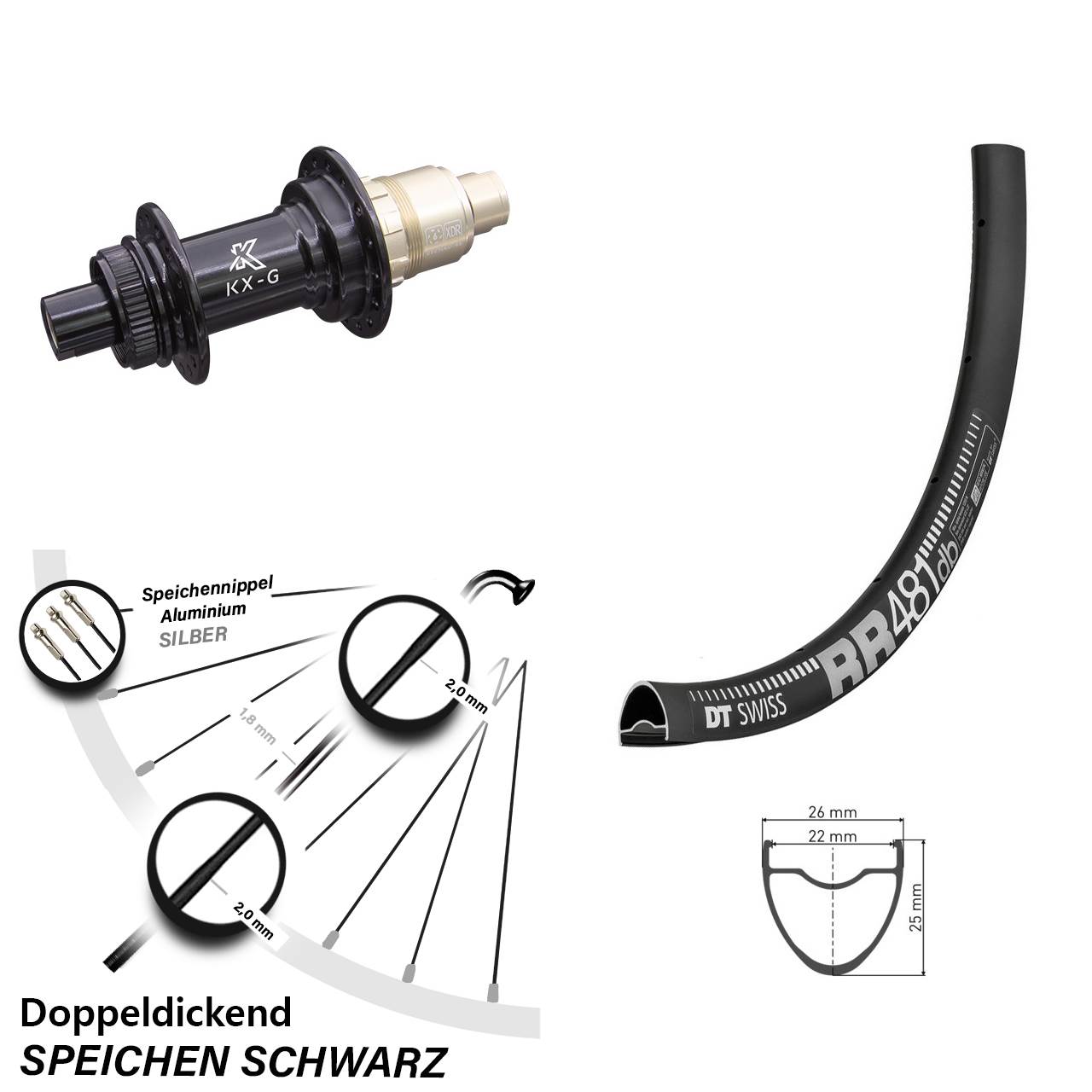 DT Swiss RR 481 DB Hinterrad 28 Zoll mit Nabe KX-G Sram XD-R 12-fach Steckachse 12x142 mm