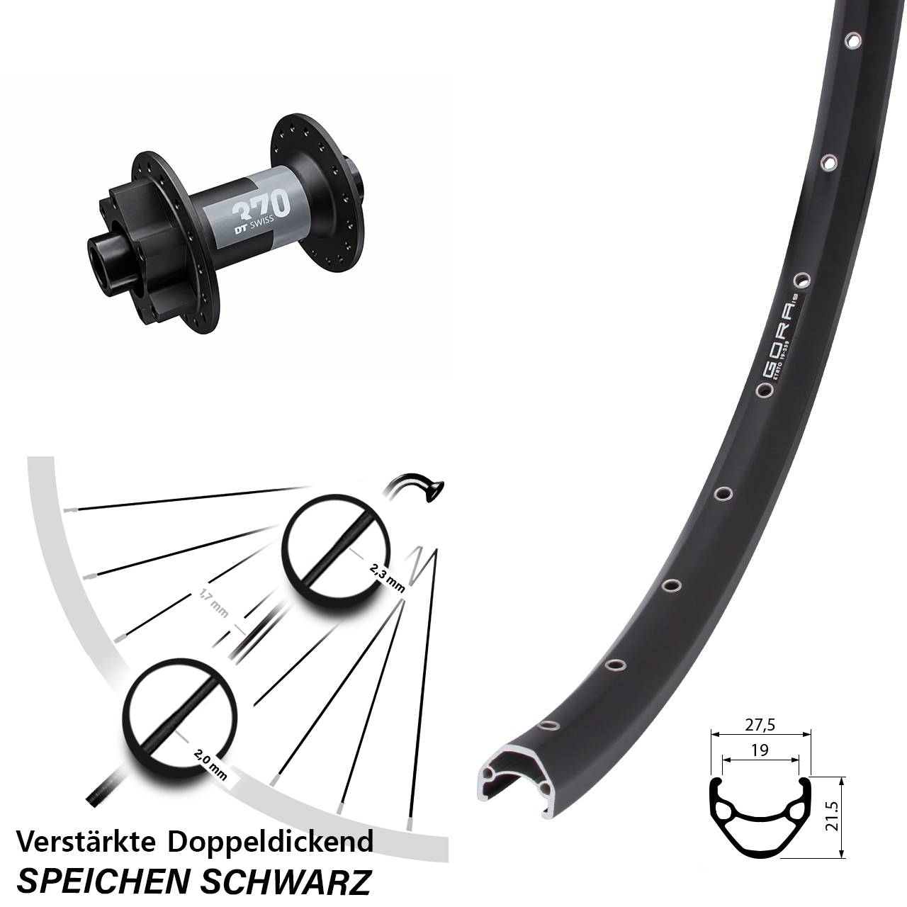 Vorderrad 6-Loch 15x100 28-29 Zoll Gora 19 DT Swiss 370