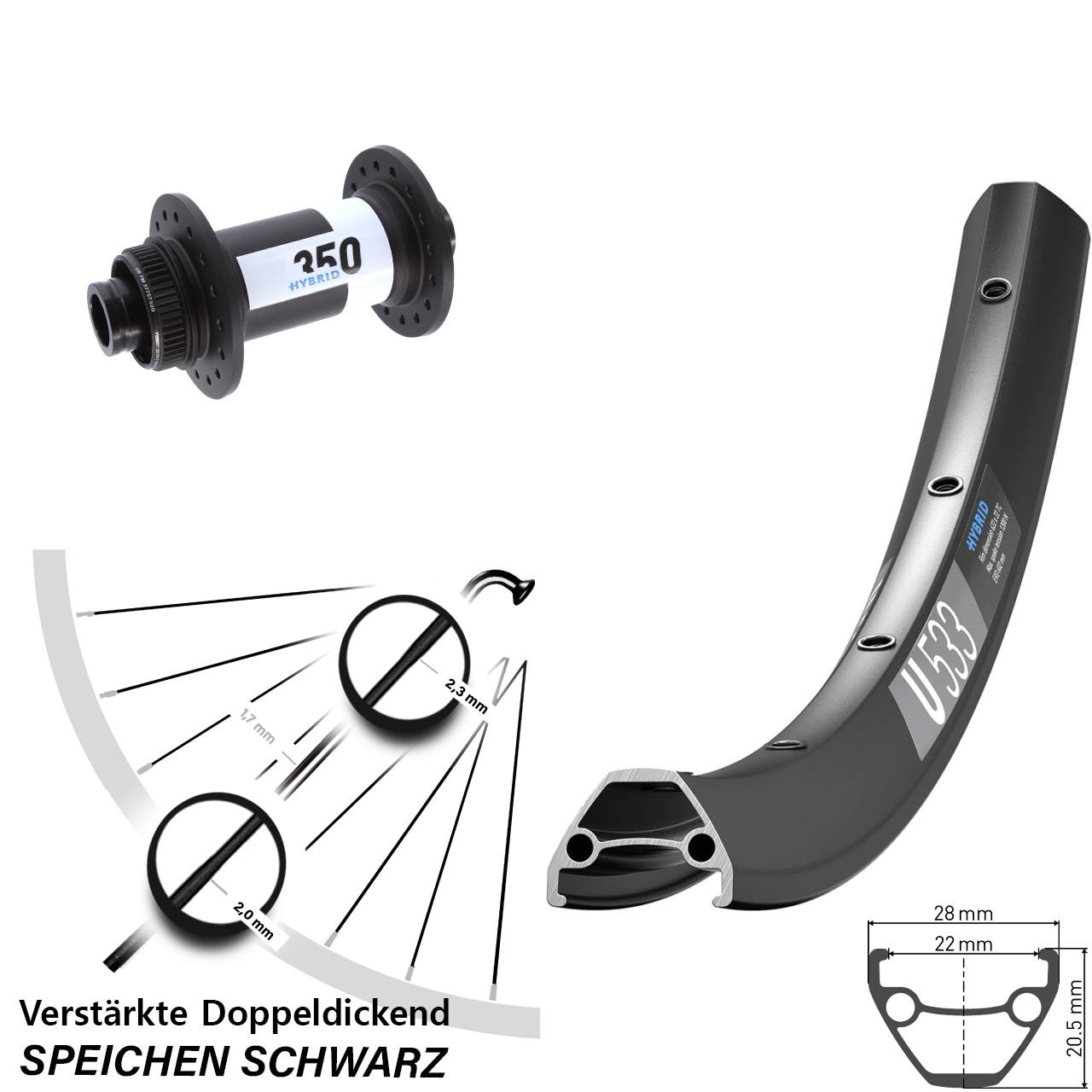 27,5 Zoll DT Swiss U 533-350 Hybrid Disc Vorderrad 15x110 Boost
