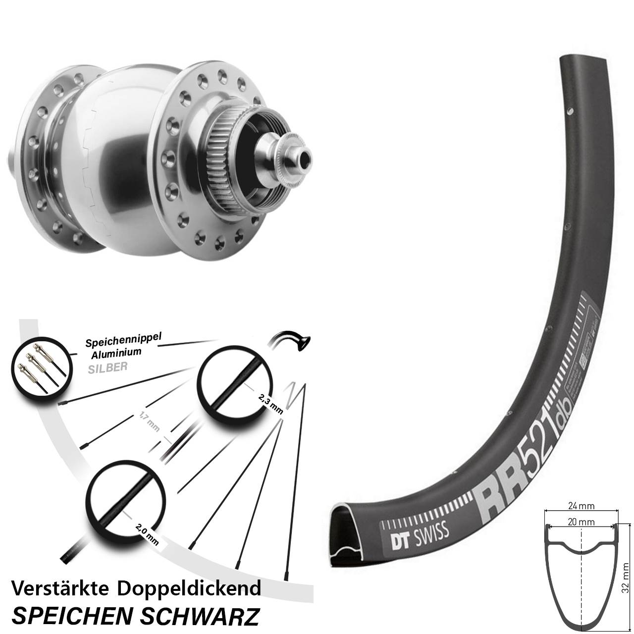 DT Swiss RR 521 SON 28 Zoll silbern Centerlock Vorderrad mit Nabendynamo QR
