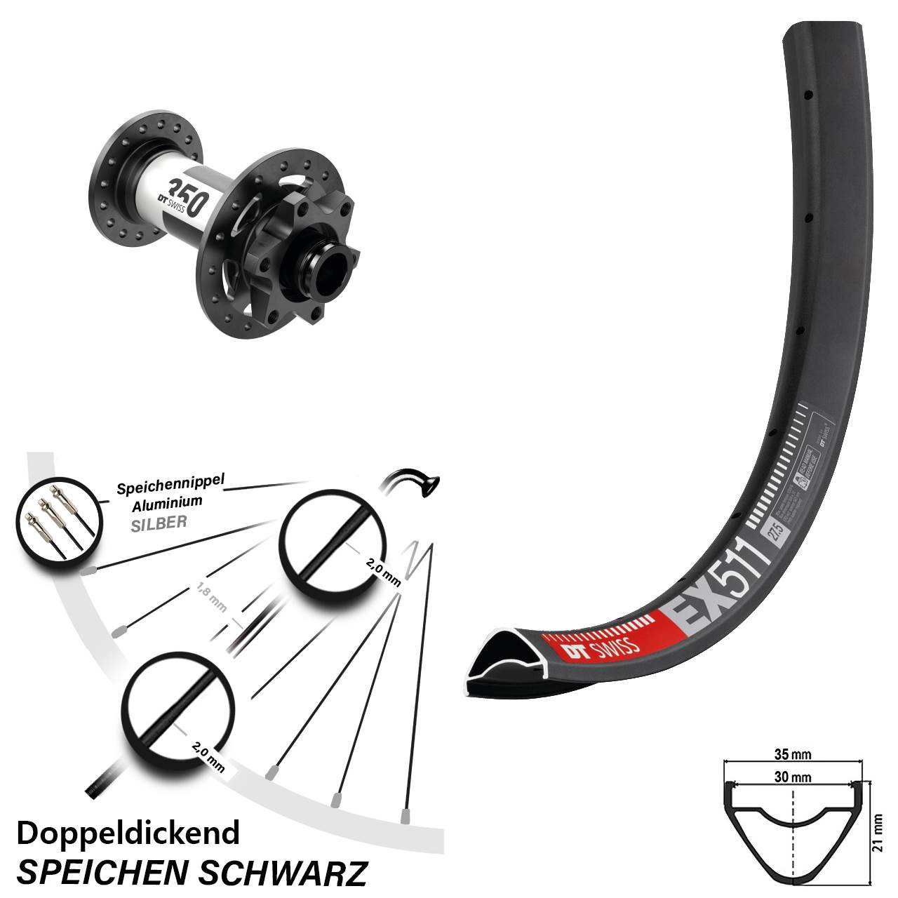 29 Zoll Vorderrad 6-Loch 350 DT Swiss EX 511 Steckachse 15x100 mm