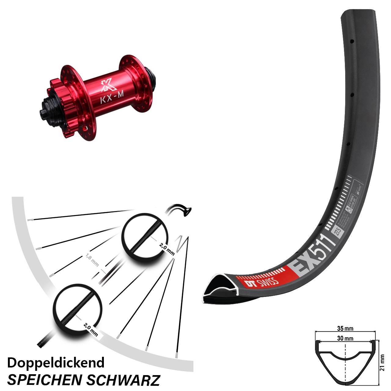 27,5 Zoll MTB DT Swiss EX 511 Disc KX-M 6-Loch Vorderrad QR