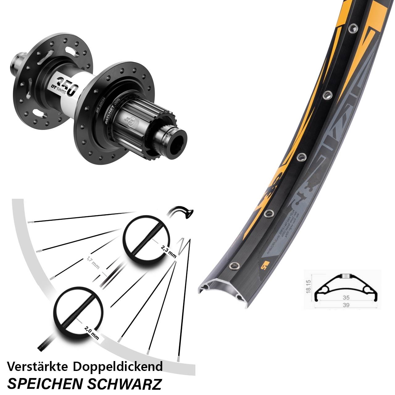Disc Hinterrad 12x148 27,5 Zoll Rodi TRYP 35 DT Swiss 350 DEG72 Shimano Micro Spline