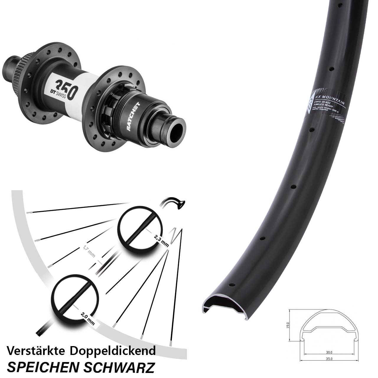 Centerl. Hinterrad 12x142 29 Zoll KX Mountain DT Swiss 350 CL SRAM XD