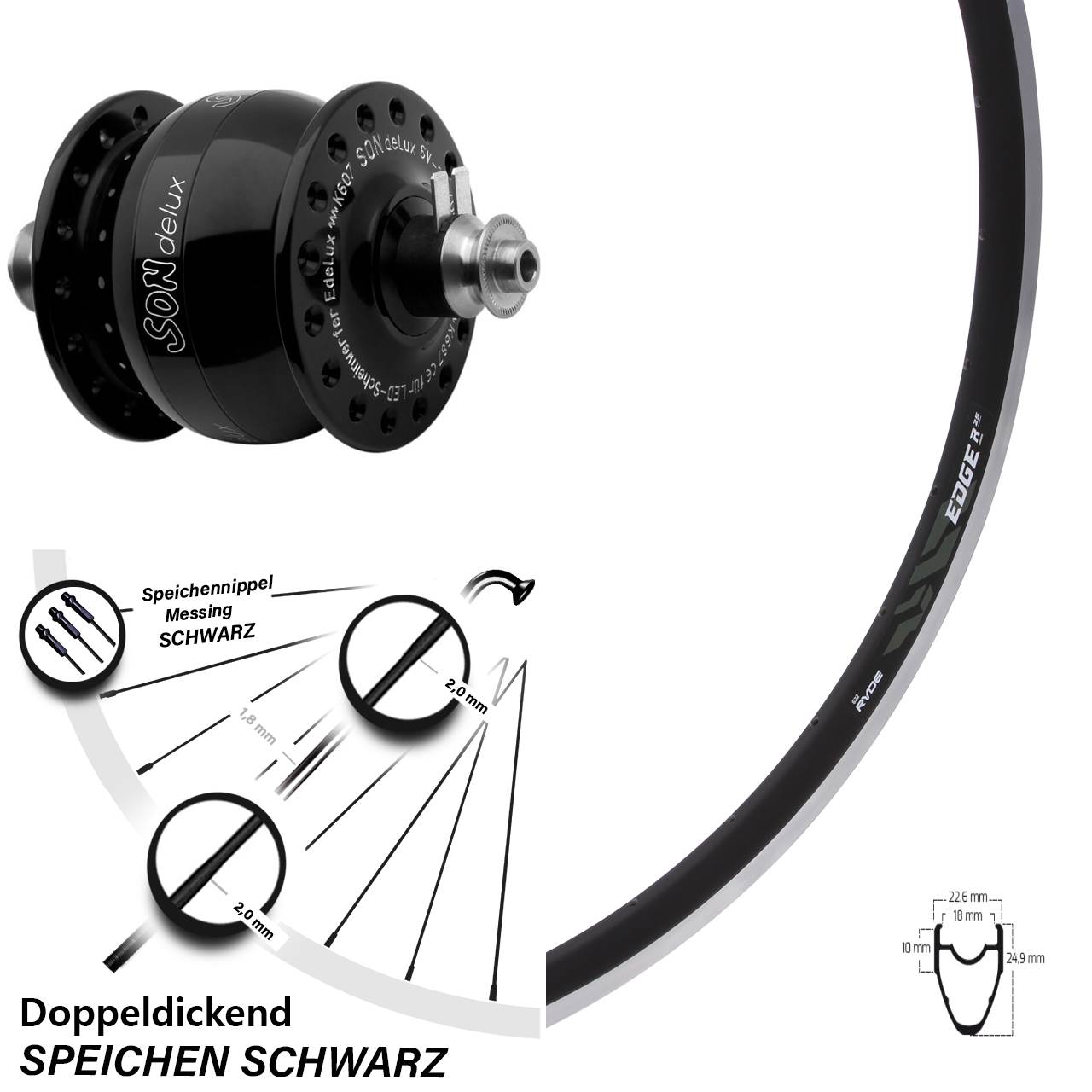 Ryde Edge R25 Rennrad Felgenbremse Dynamo SON delux schwarz Vorderrad 28 Zoll