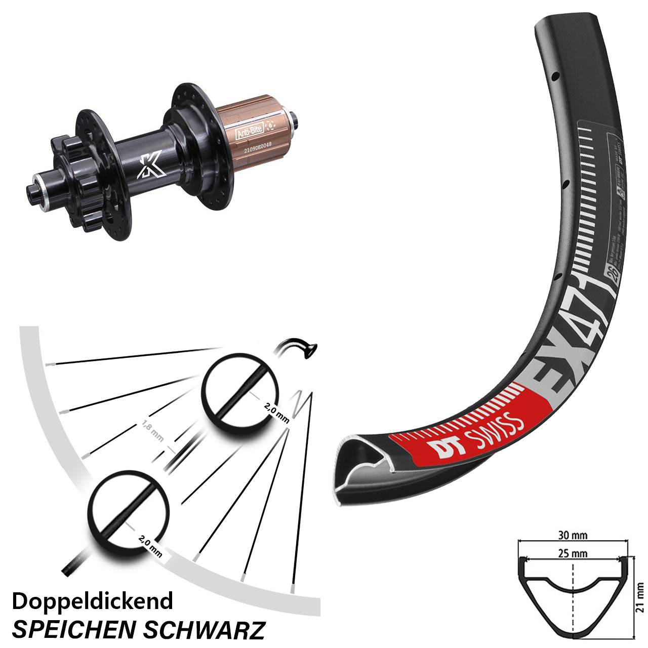 26 Zoll DT Swiss EX471 KX-M 8-12 fach HG Hinterrad 6-Loch QR
