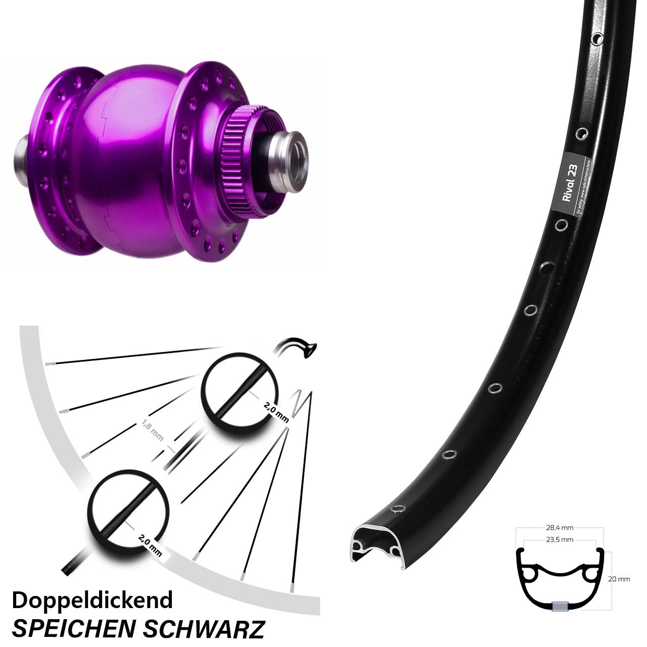 Laufrad 27,5 Zoll Ryde Rival 23 Disc schwarz SON 28-12x100 Centerlock violett