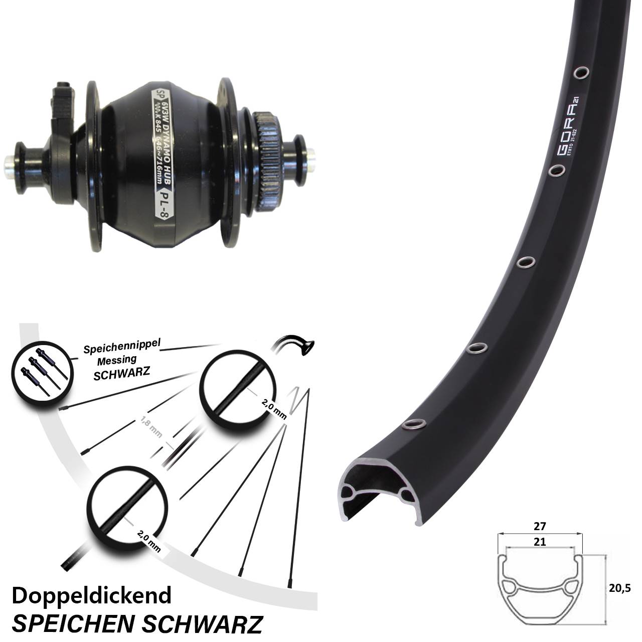 Nabendynamovorderrad Centerlock QR 28 Zoll Gora 21 Shutter Precision PL-8