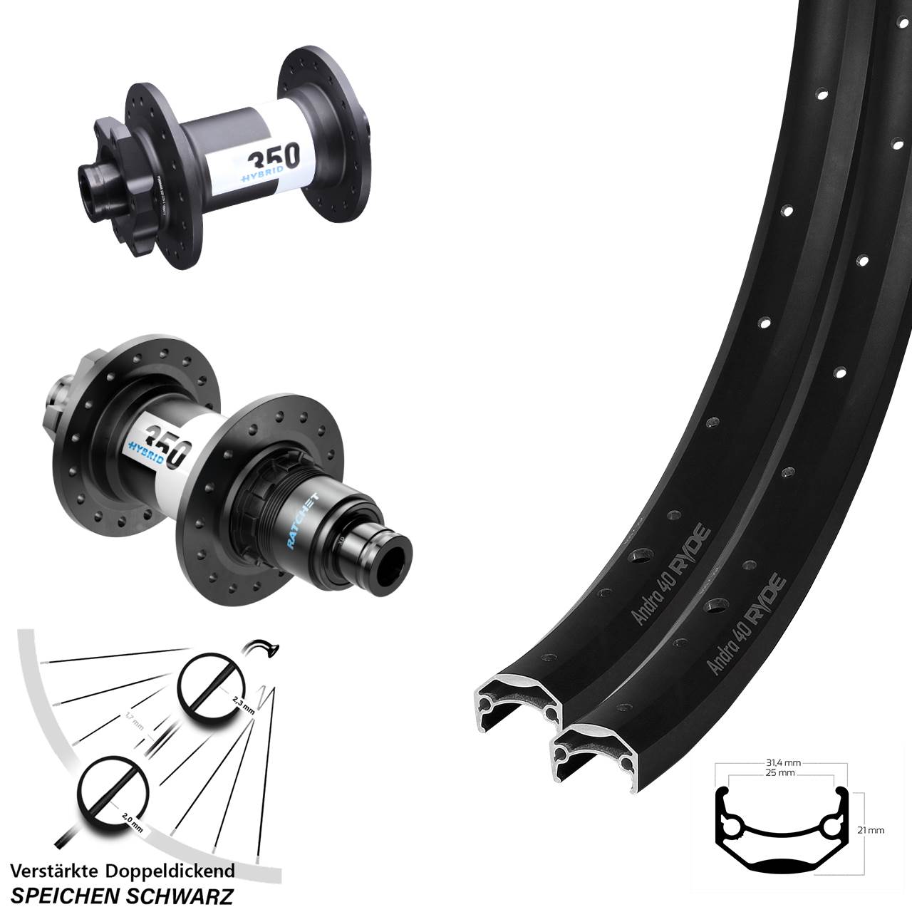 Disc Laufrad-Satz 15x110 12x148 27,5 Zoll Ryde Andra 40 DT Swiss 350 Hybrid XD 11-12 fach