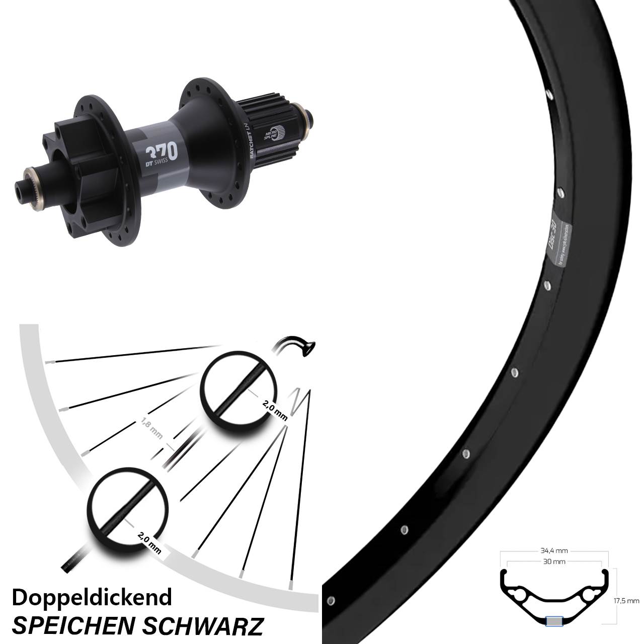 Hinterrad 27,5 Zoll Ryde Disc 30 DT Swiss 370 Micro Spline schwarz