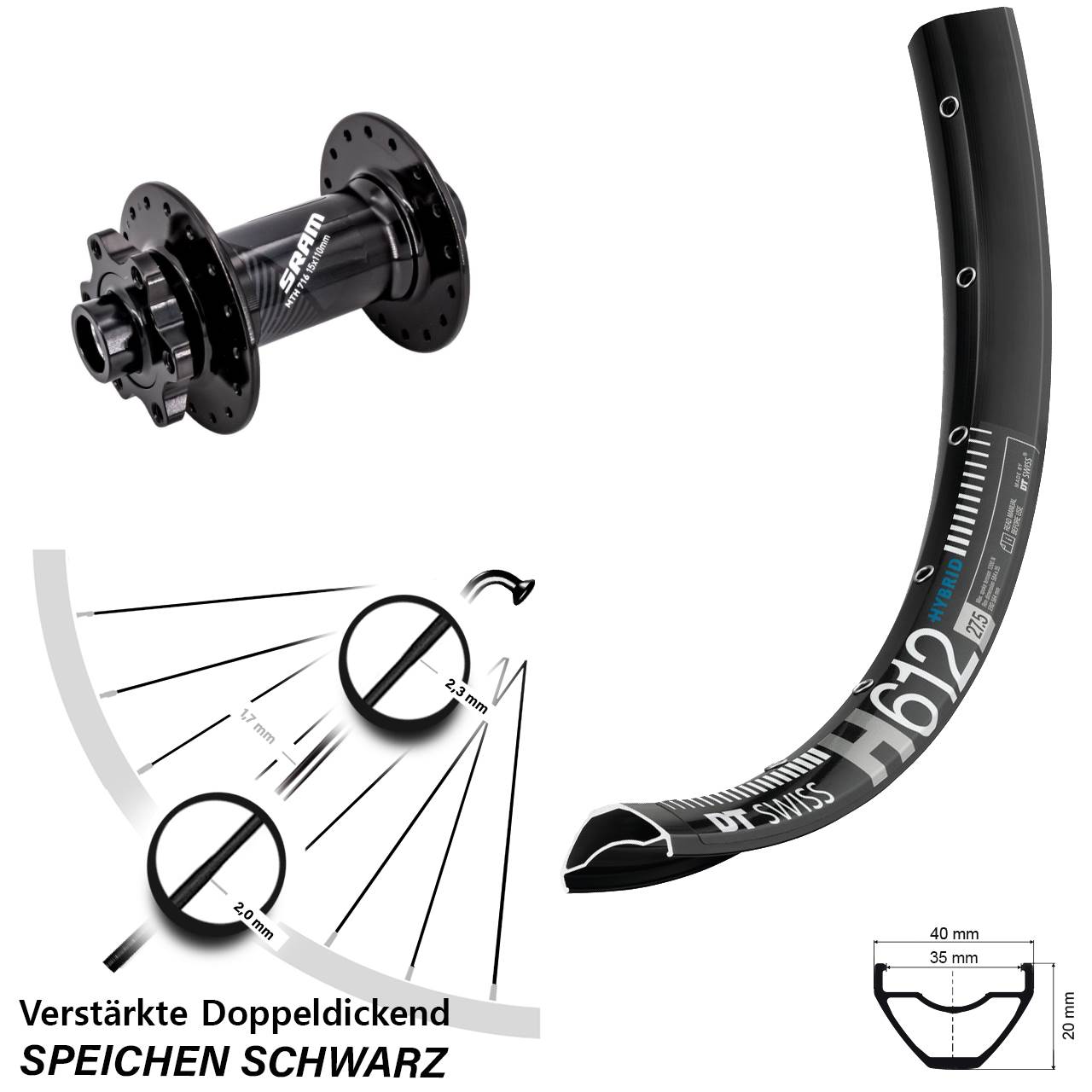 27,5 Zoll DT Swiss H 612 Sram 716 Vorderrad 6-Loch 15x110 Boost