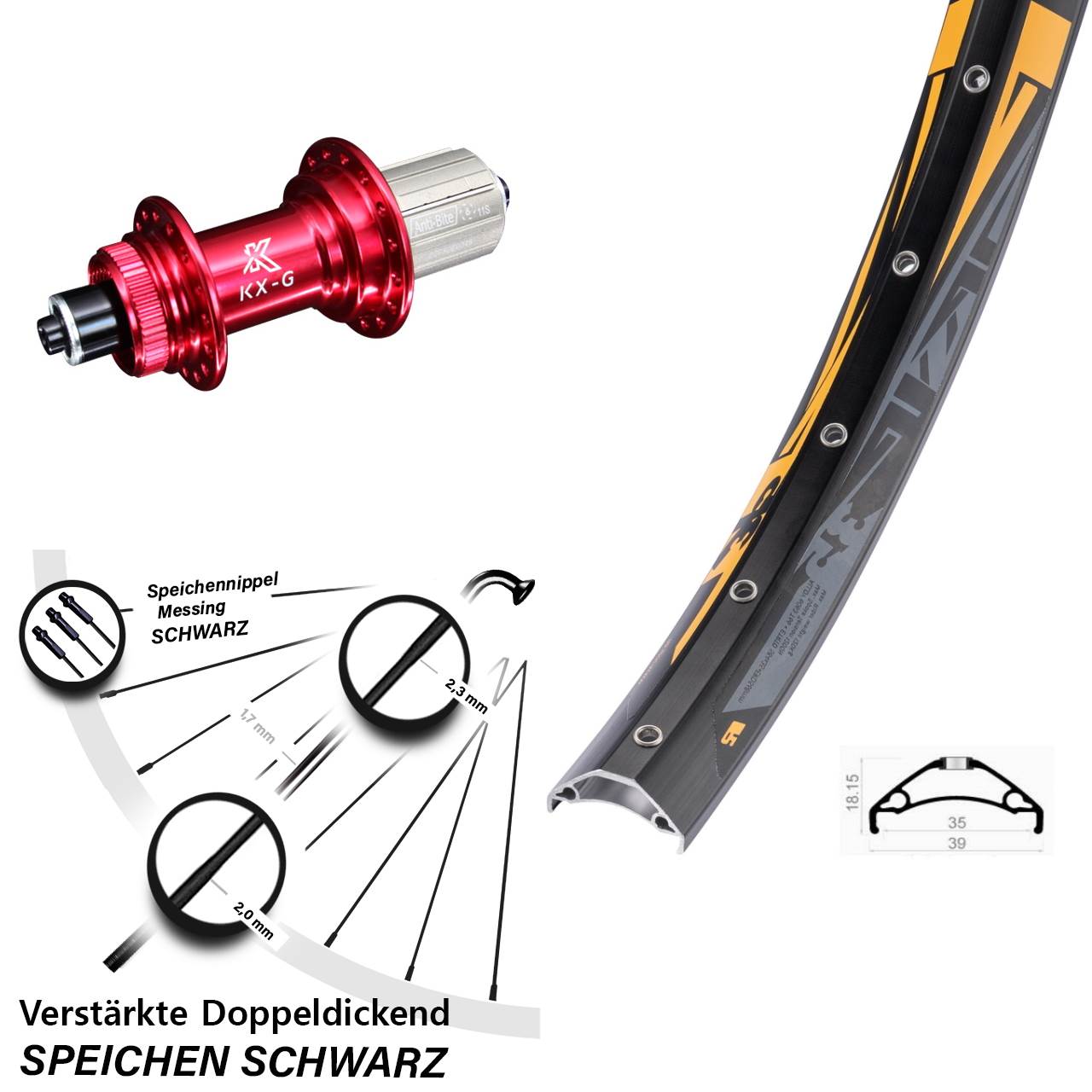 Disc Laufrad 27,5 Zoll Rodi TRYP 35 KX-G rot 8-12 fach HG für Schnellspanner