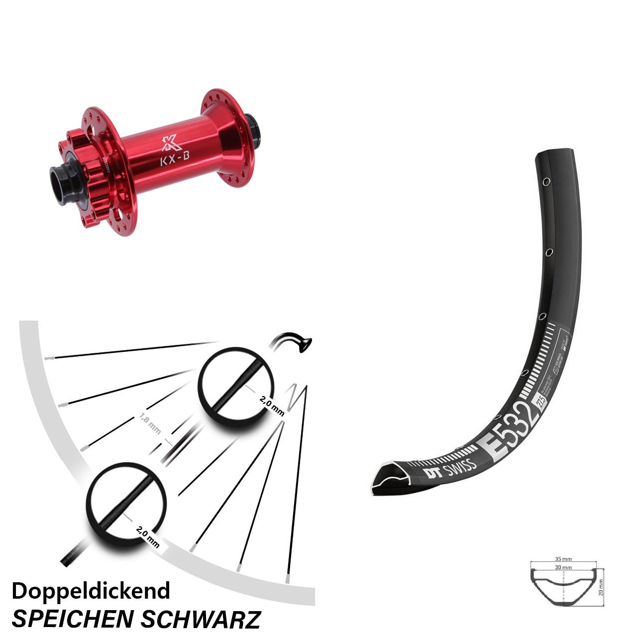 27,5 Zoll Vorderrad DT Swiss E 532 KX-B rot 6-Loch Boost