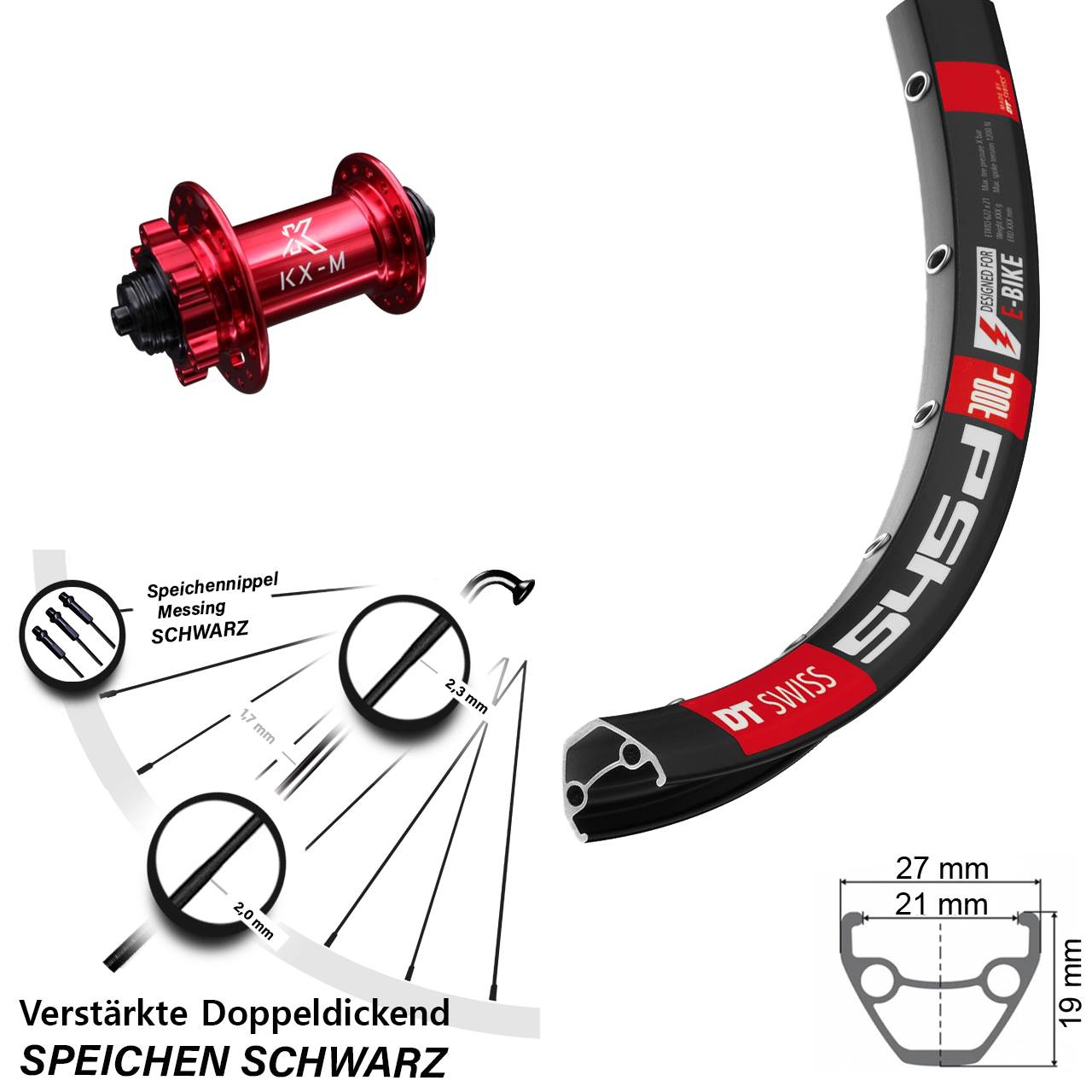 28 Zoll DT Swiss 545d KX-M rot Vorderrad 6-Loch QR