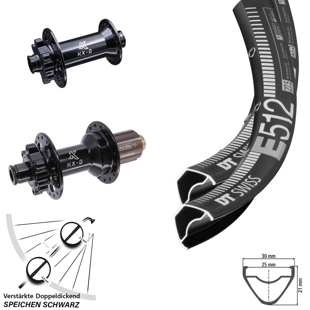 650B DT Swiss E512 KX-B Boost 6-Loch Laufrad-Satz 15x110 12x148 8-11 fach