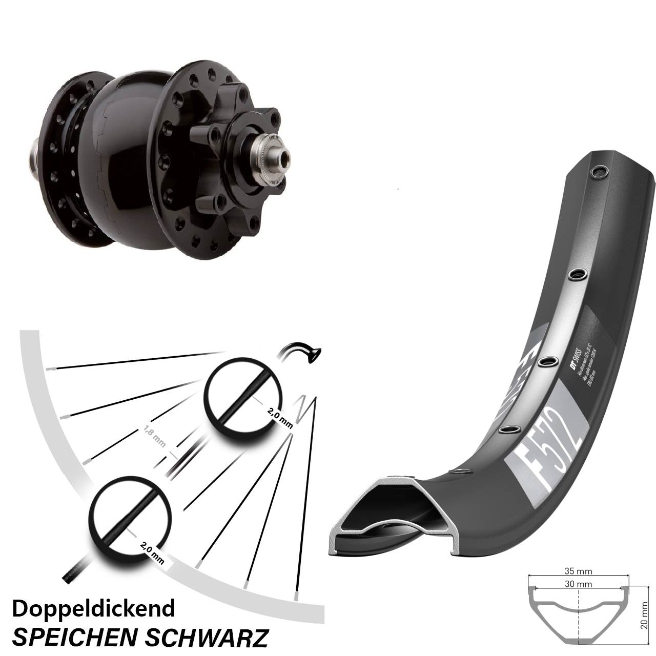 Nabendynamovorderrad 6-Loch QR 27,5 Zoll DT Swiss F572 SON 28