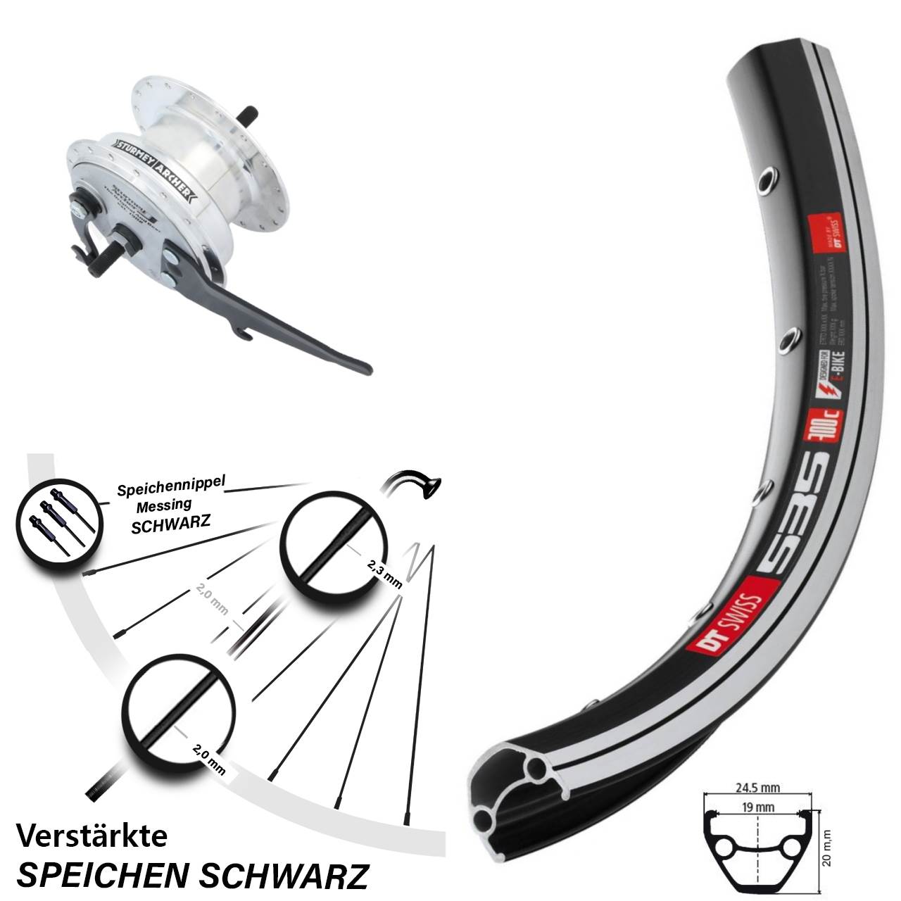 Nabendynamolaufrad Vollachse 26 Zoll DT Swiss 535 Sturmey Archer XL-FDD 3,0 Trommelbremse