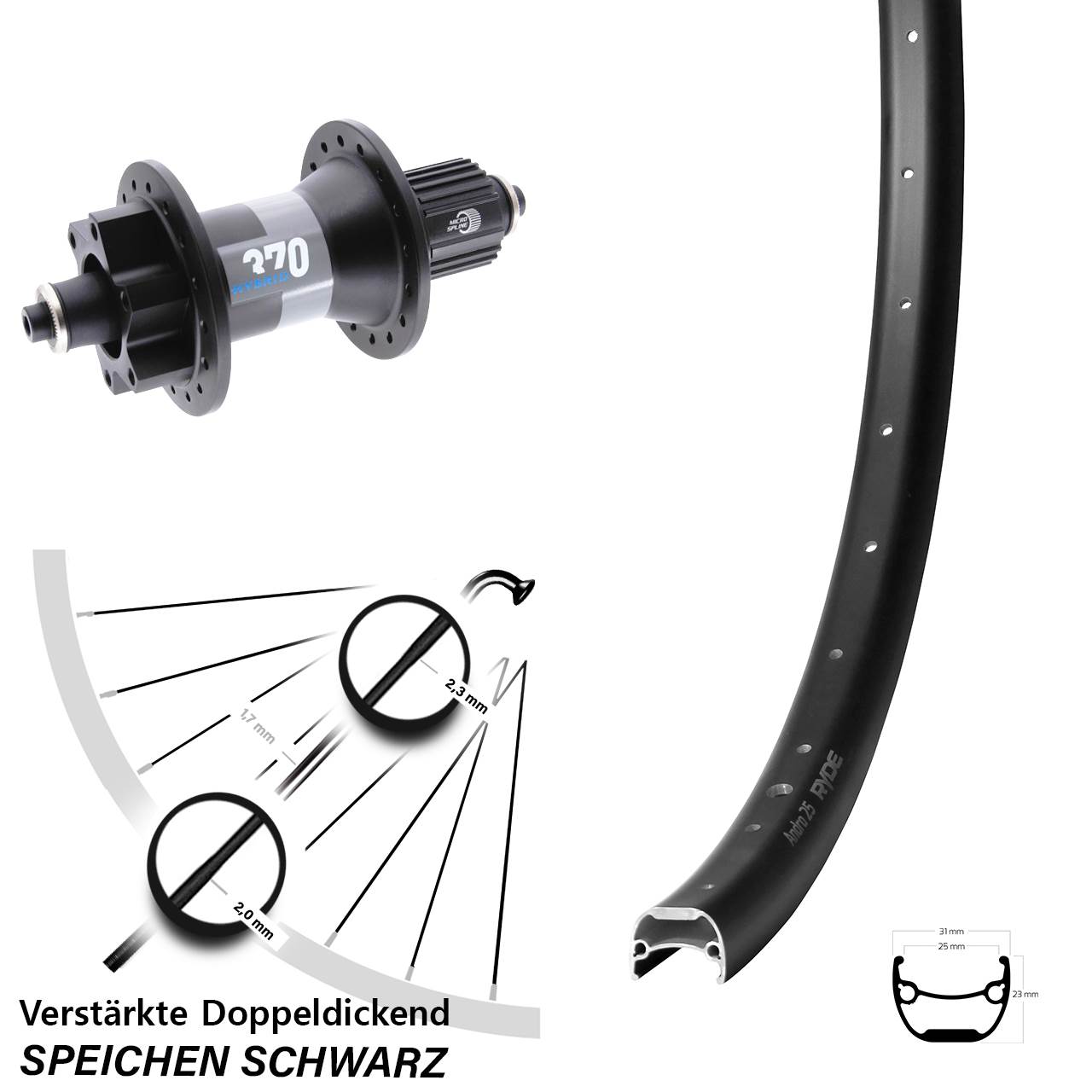 28 Zoll Ryde Andra 25 DT Swiss 370 Hybrid Boost Hinterrad 6-Loch QR Shimano Micro Spline
