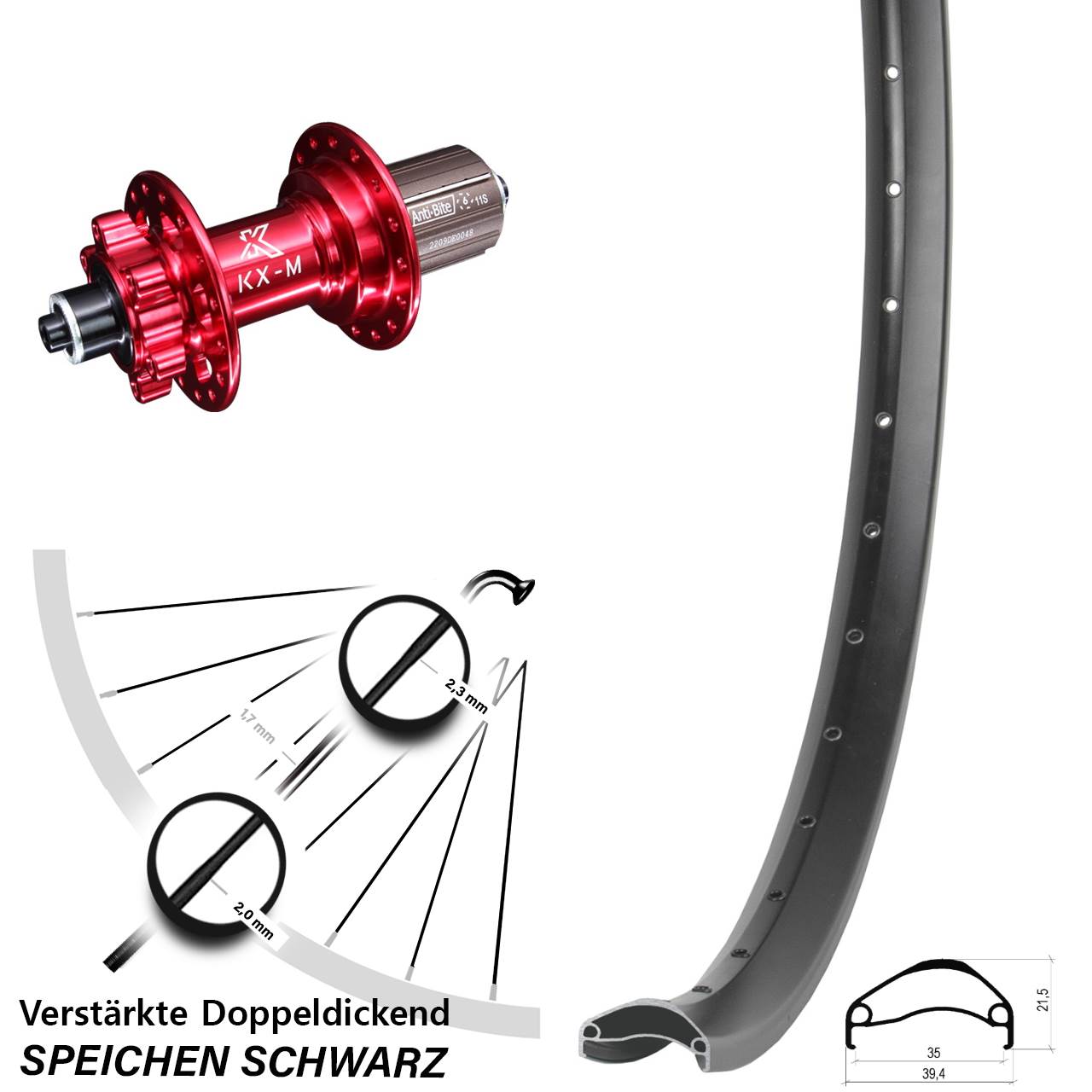 6-Loch Hinterrad für Schnellspanner 27,5 Zoll Ambrosio E35 KX-M rot 8-12 fach HG