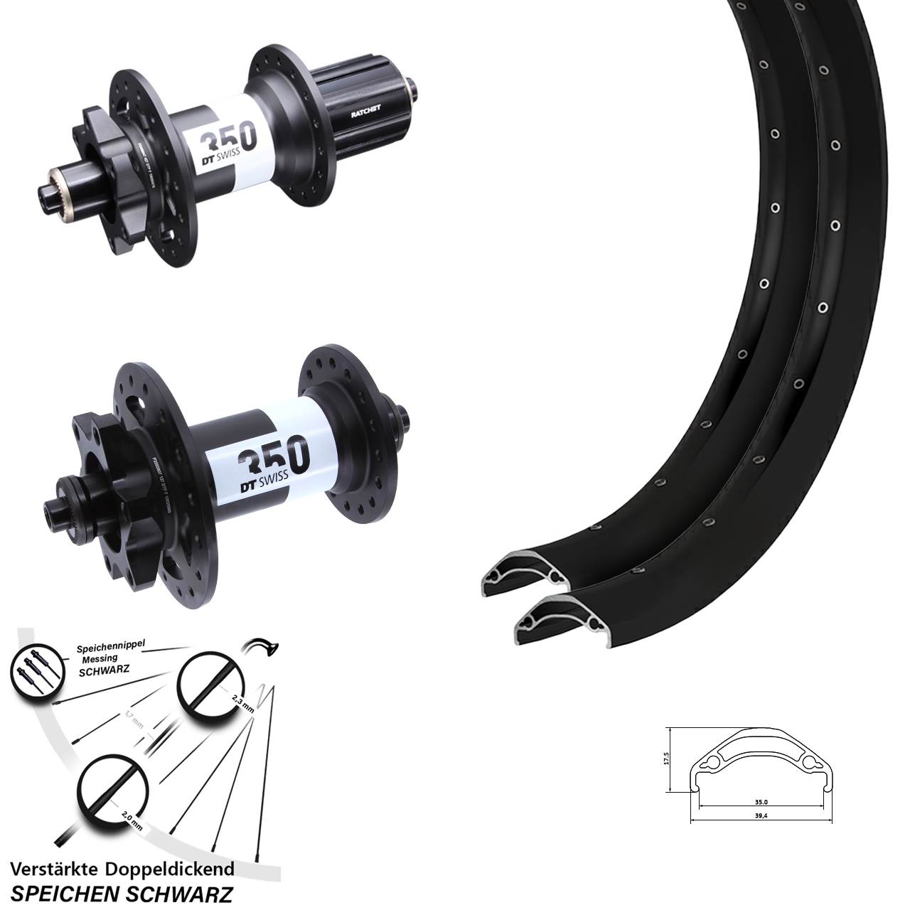 Laufradsatz 29 Zoll Ryde Disc 35 DT Swiss 350 Ratchet 36 8-11 fach für Schnellspanner