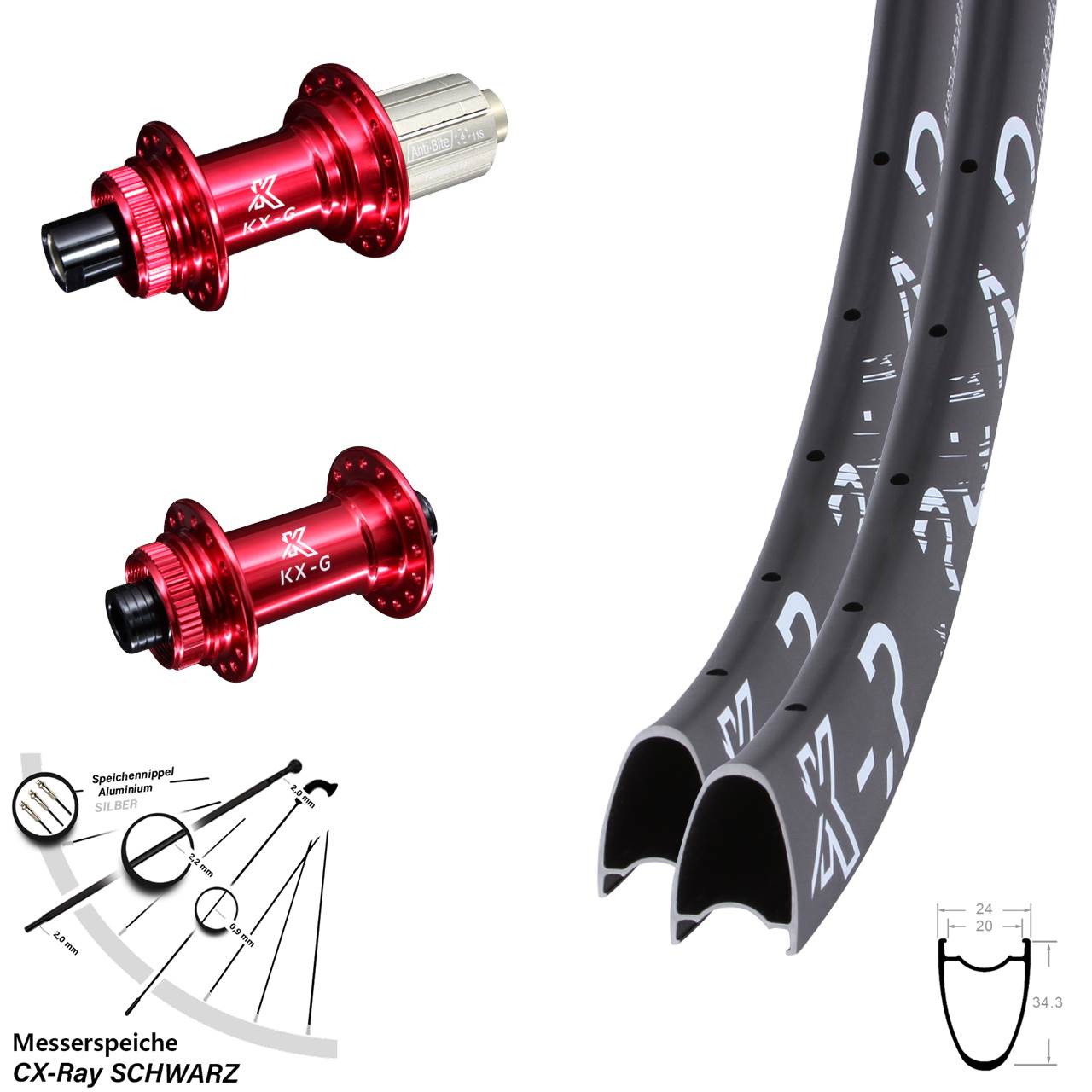 28-29 Zoll KX-GR Road rot Disc Laufradsatz 12x100/142 8-12 fach HG CX-Ray