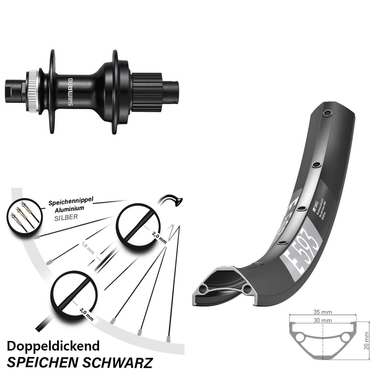 29 Zoll DT Swiss E593 Shimano FH-MT510 Disc Laufrad 12x142 Micro Spline