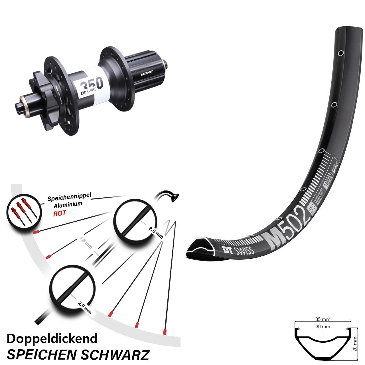 27,5 Zoll Hinterrad DT Swiss M502-350 6-Loch Boost QR 8-11 fach