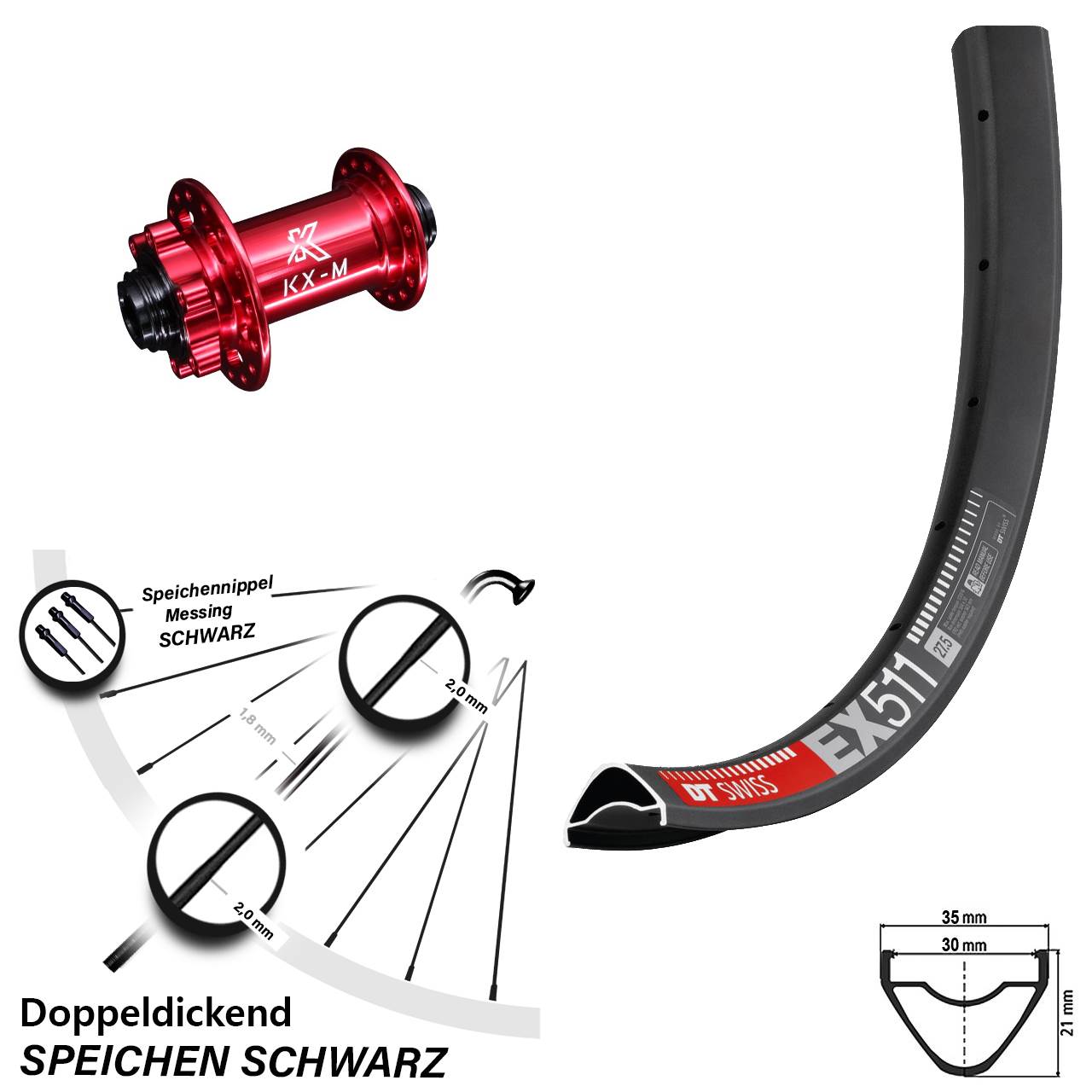 27,5 Zoll DT Swiss EX511 KX-M rot Disc Laufrad 15x100