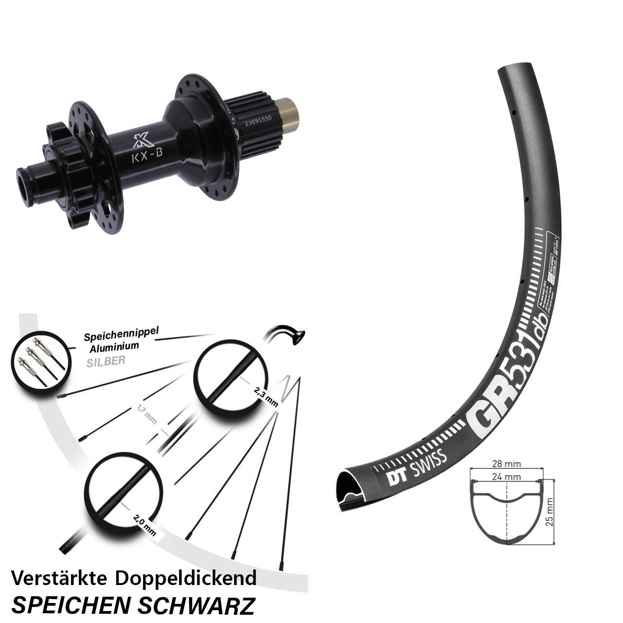 27,5 Zoll DT Swiss GR531 KX-B Hinterrad 6-Loch 12x148 Micro Spline