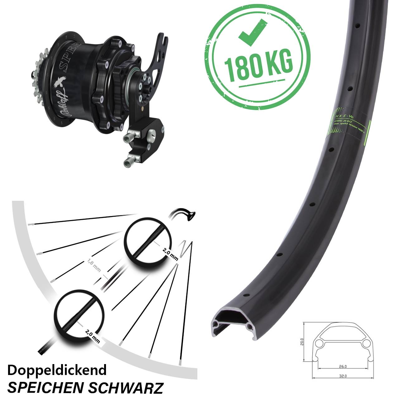schwarzes 20 Zoll Hinterrad KX Evo mit Rohloff Speedhub 500/14 Nabe