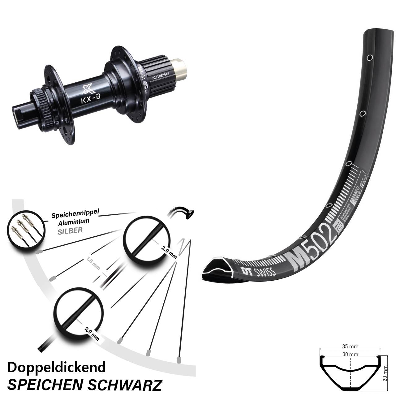 DT Swiss M 502 27,5 Zoll Hinterrad KX-B Centerlock Micro Spline 12x148