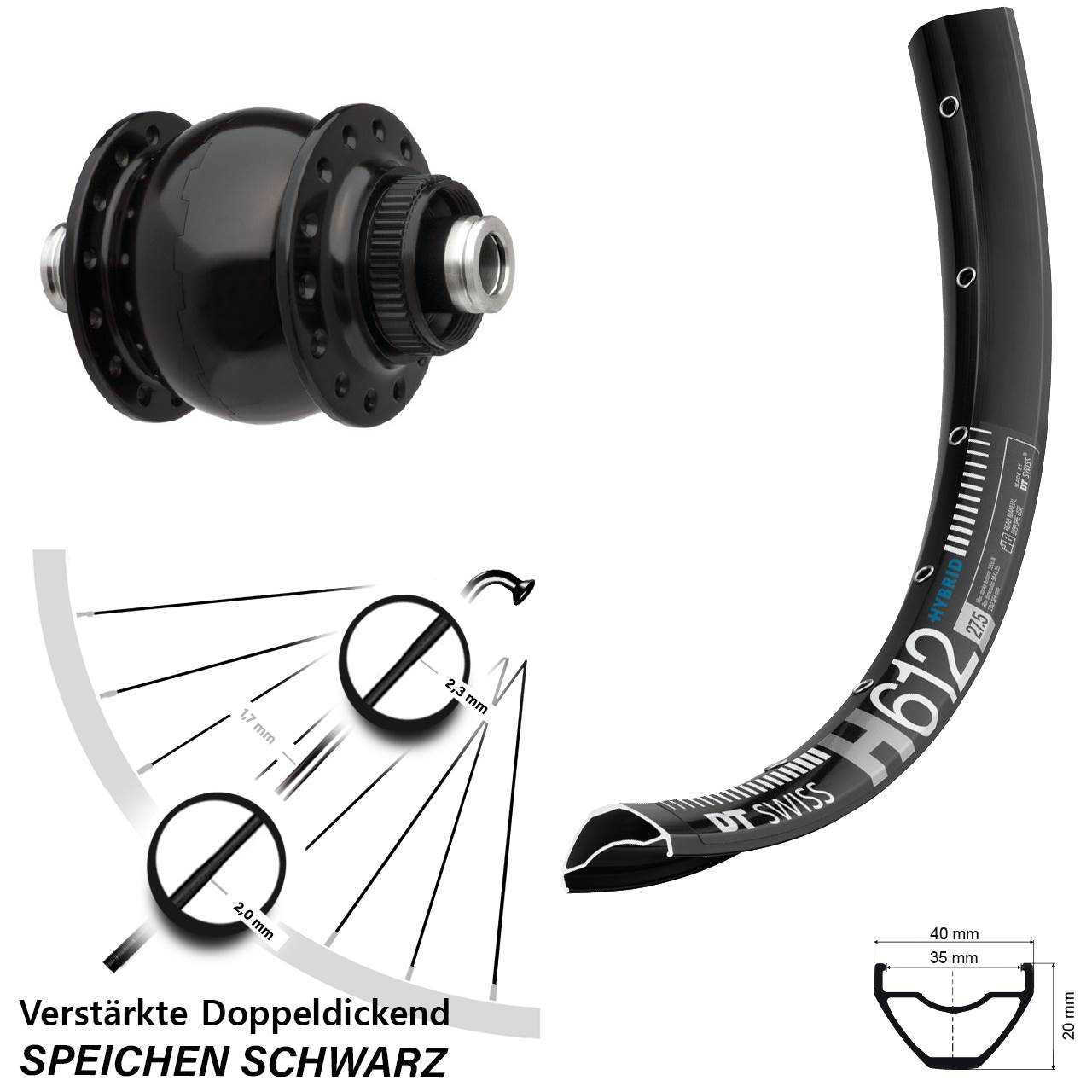 Centerlock Vorderrad mit Dynamo 27,5 Zoll DT Swiss H 612 SON 28 12x100