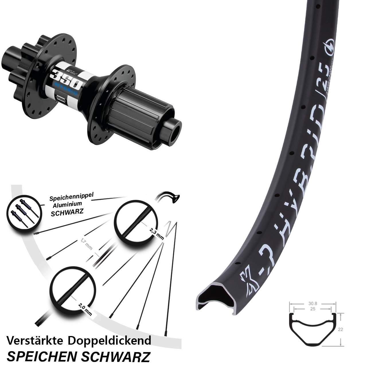 Hinterrad 27,5 Zoll KX-R Hybrid 25 DT Swiss 350 8-11 fach 12x148 Boost 6-Loch