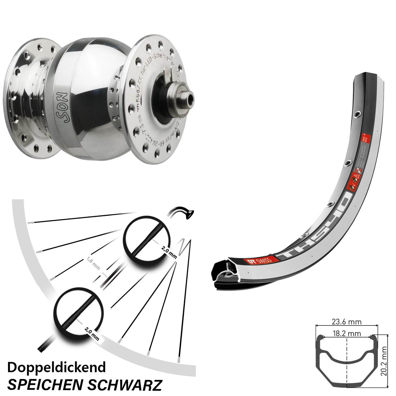 28 Zoll DT Swiss TK540 SONdelux wide body Dynamo-Vorderrad QR