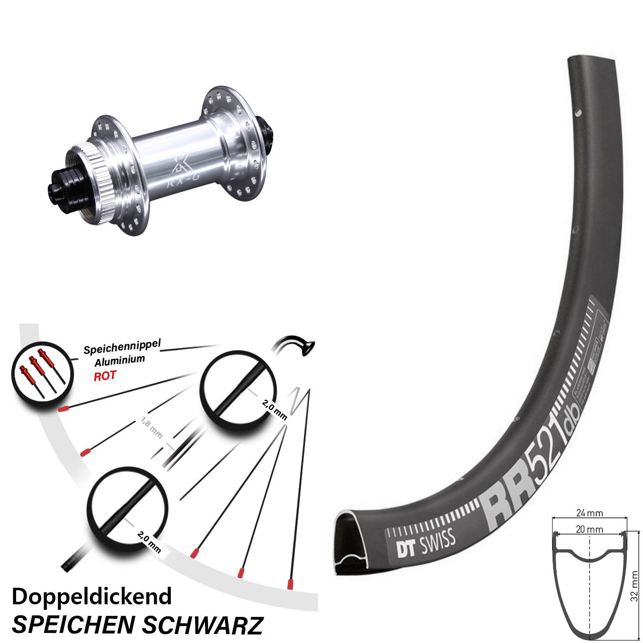 Vorderrad 28 Zoll DT Swiss RR 521 KX-G silbern 5x100 mm Schnellspanner