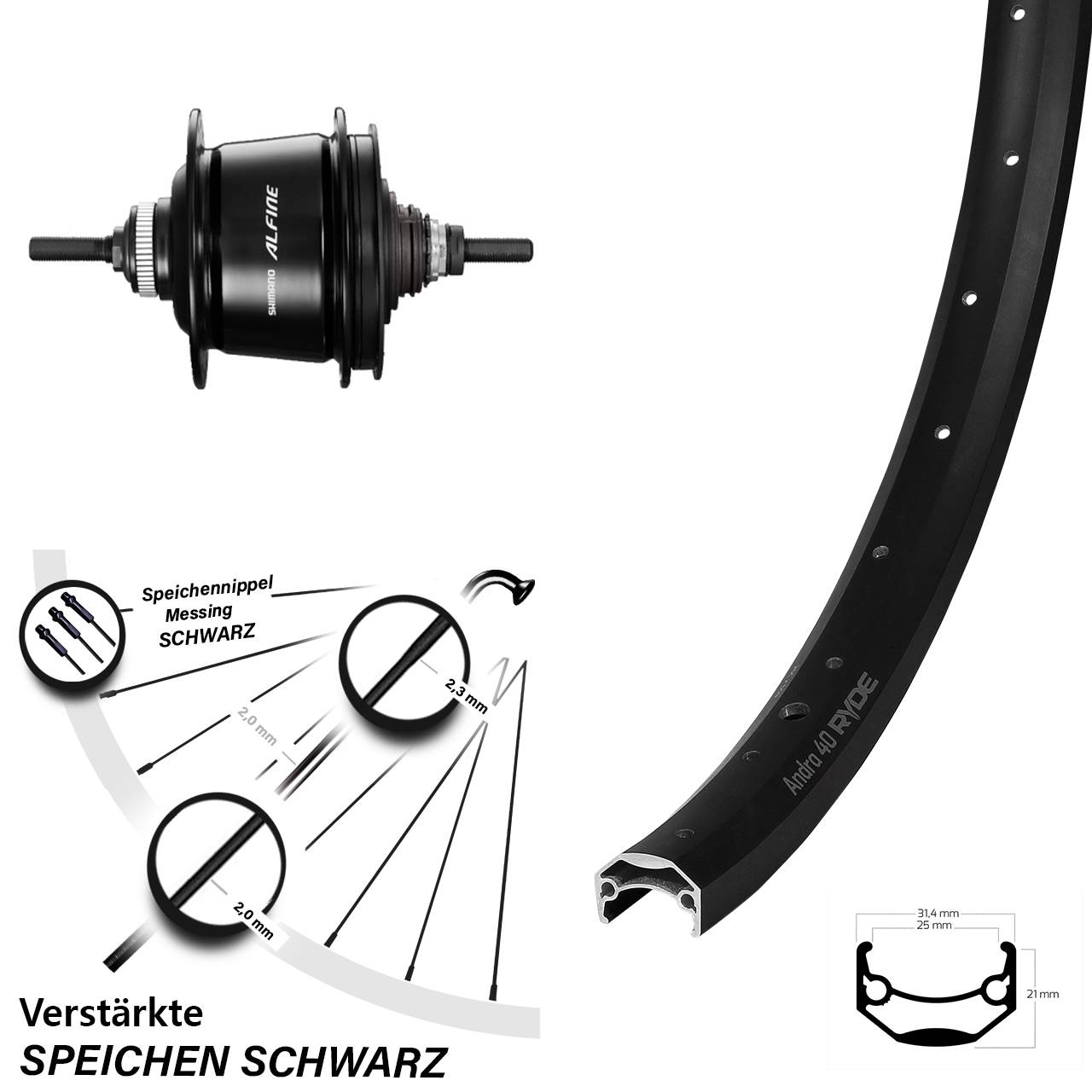 24 Zoll Hinterrad Shimano Alfine 8 Gang Ryde Andra 40 Disc