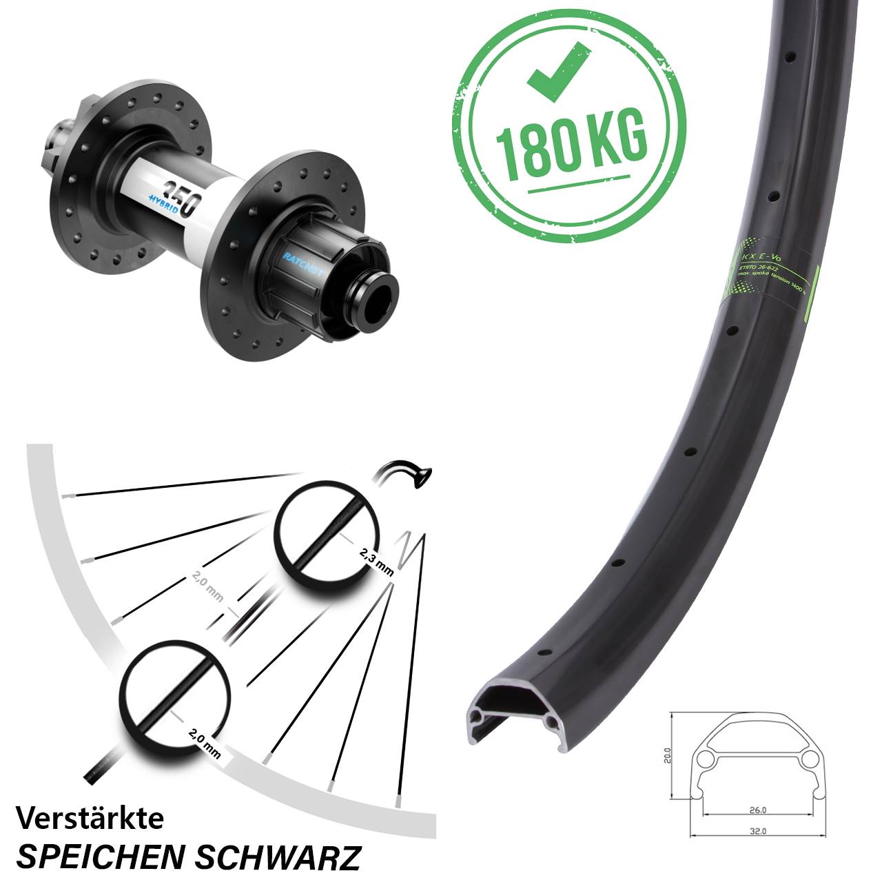 26 Zoll KX Evo Laufrad DT Swiss 350 Hybrid Singlespeed 12x142 6-Loch