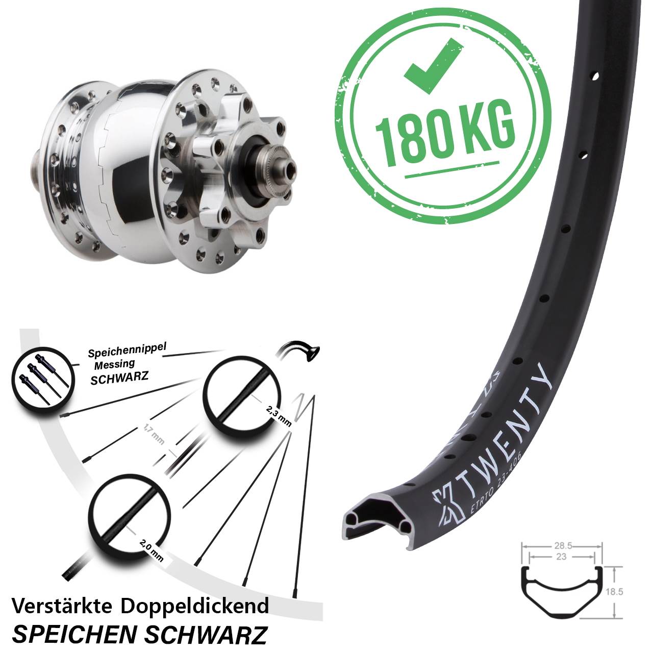 Vorderrad mit Nabendynamo SON 28 Disc 6-Loch silbern poliert KX Twenty 20 Zoll