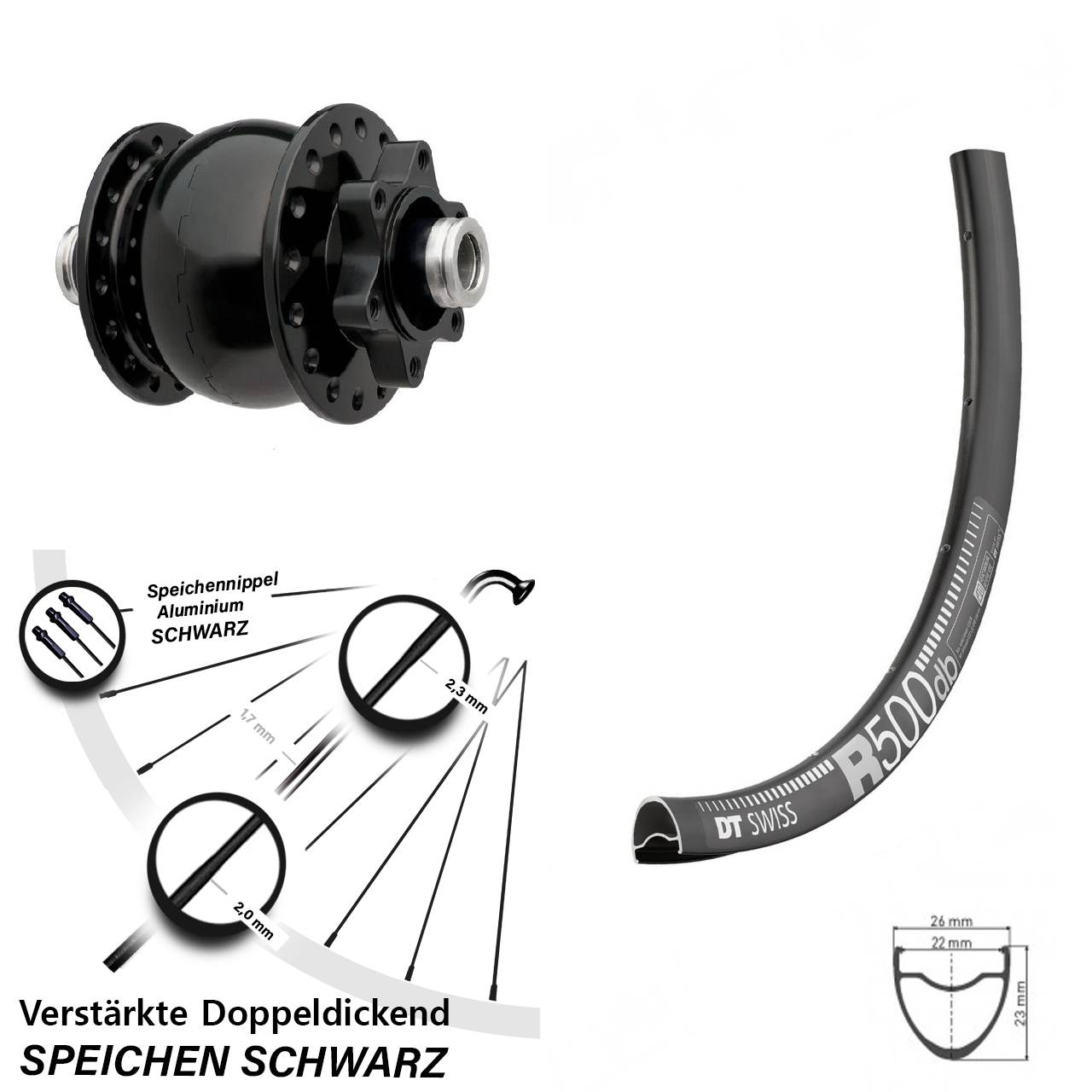 Nabendynamovorderrad 6-Loch 12x100 29 Zoll DT Swiss R500 SON 28