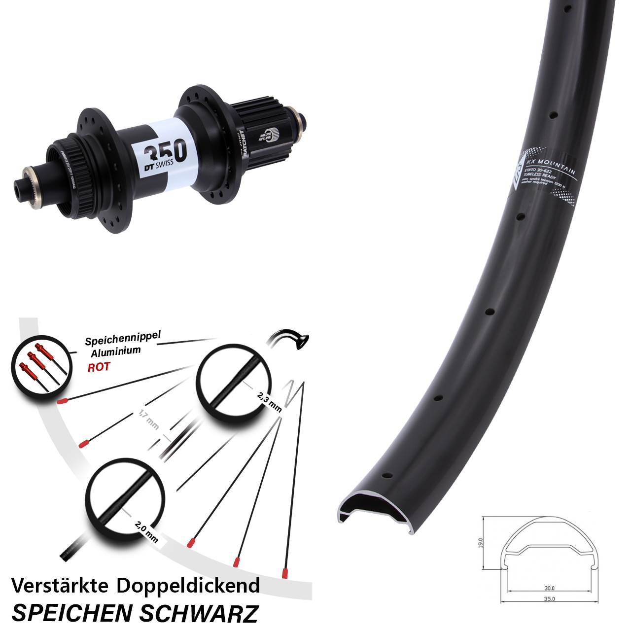 29 Zoll KX Mountain DT Swiss 350 Hinterrad Centerlock für Schnellspanner Micro Spline