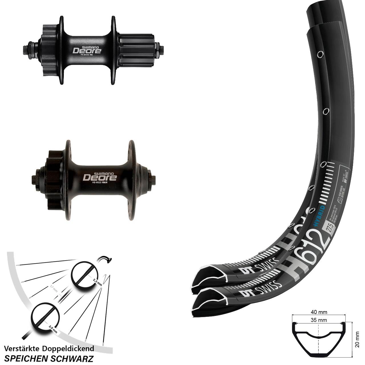 Disc Laufradsatz QR 27,5 Zoll DT Swiss H612 Shimano Deore HB-M525 FH-M525 8-11 fach