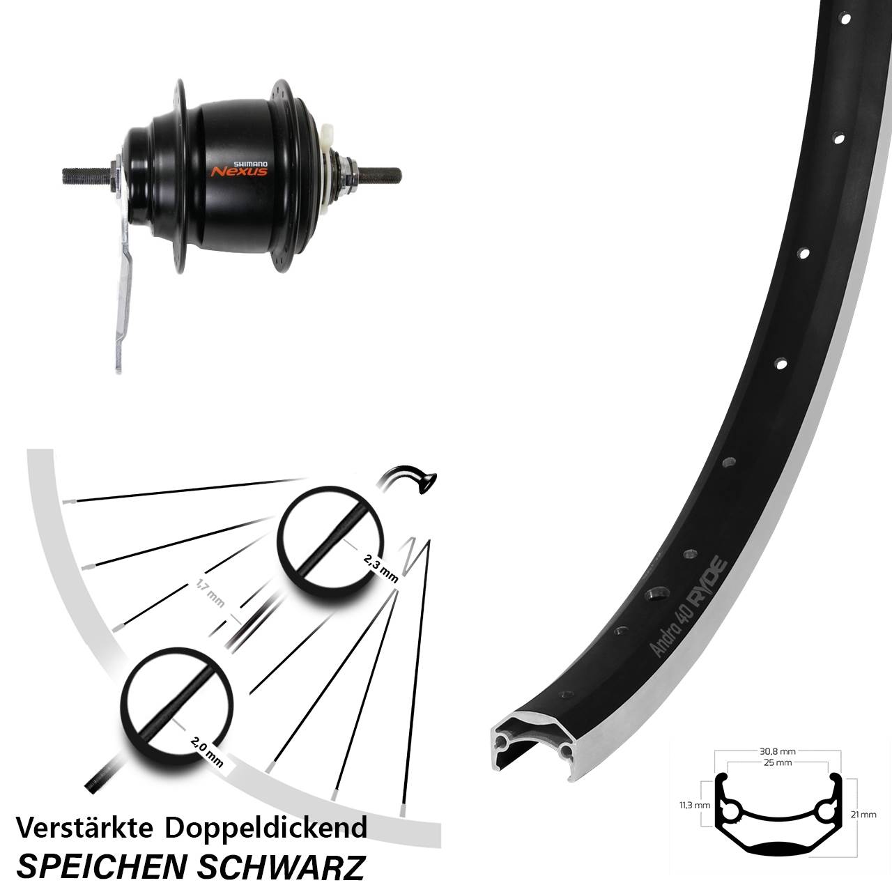 20 Zoll Hinterrad Ryde Andra 40 Shimano Nexus 8 Gang Rücktritt