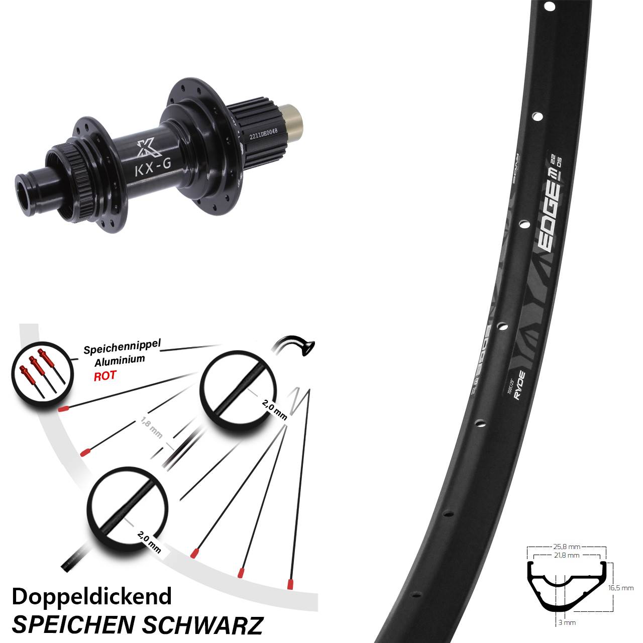 28 Zoll Ryde Edge M22 KX-G Disc Hinterrad 12x142 Micro Spline