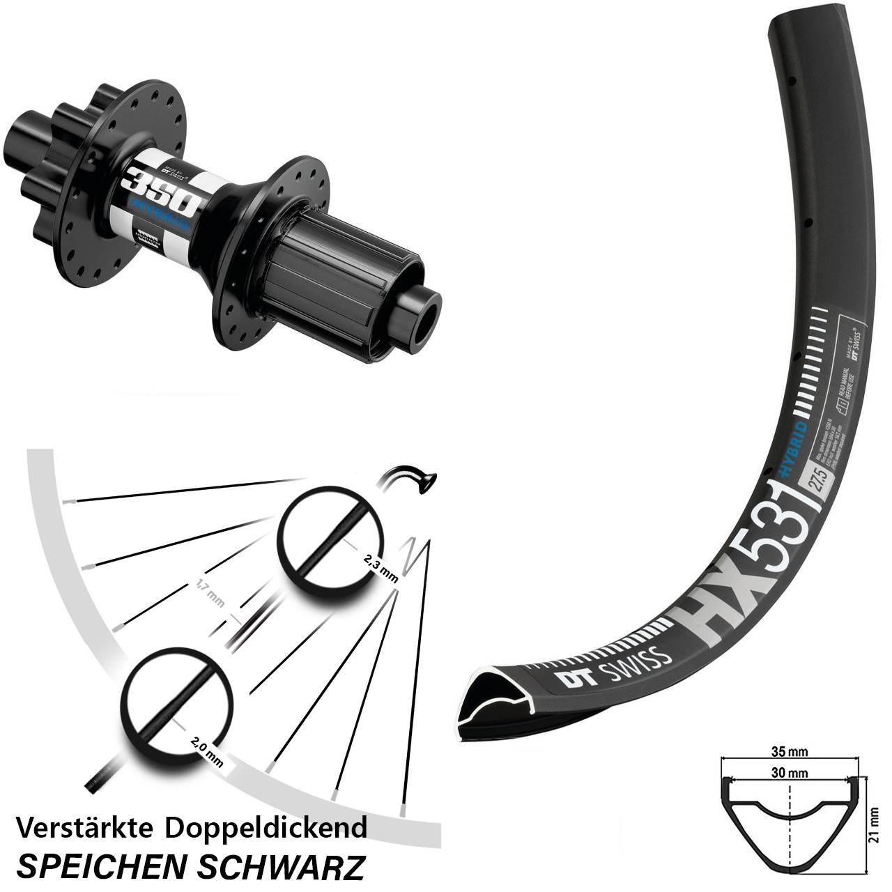 29 Zoll Hinterrad E-Bike HX 531 DT Swiss 350 Hybrid Boost 12x148 mm Shimano HG