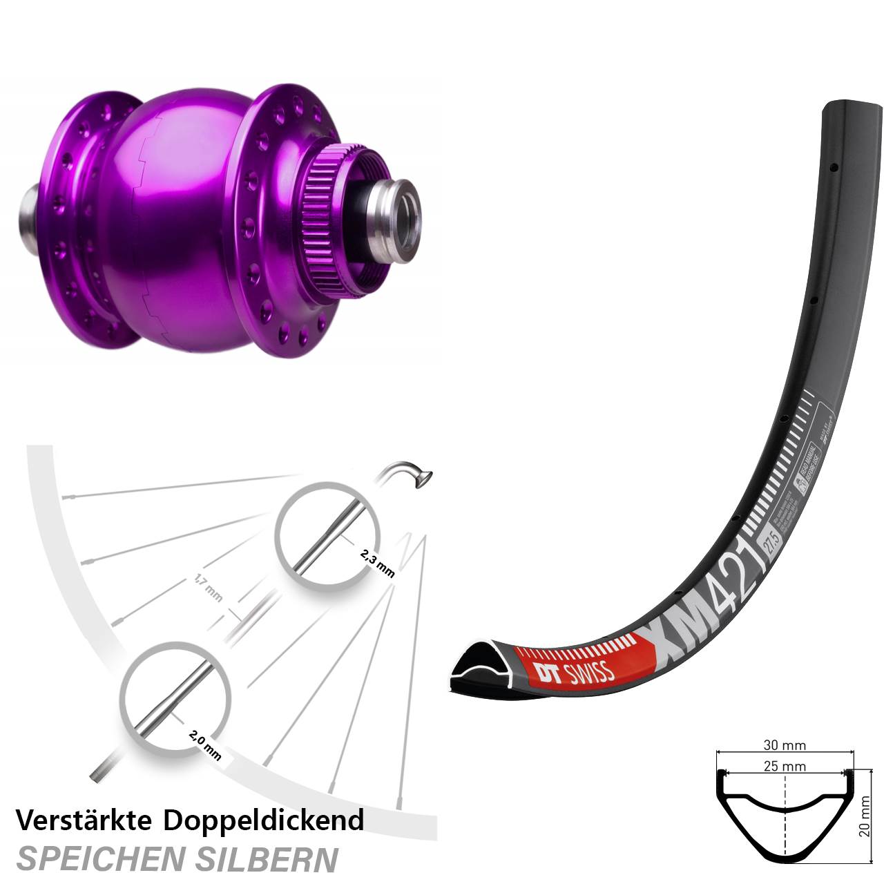 Centerlock Vorderrad mit Dynamo 29 Zoll DT Swiss XM 421 SON 28 violett 12x100